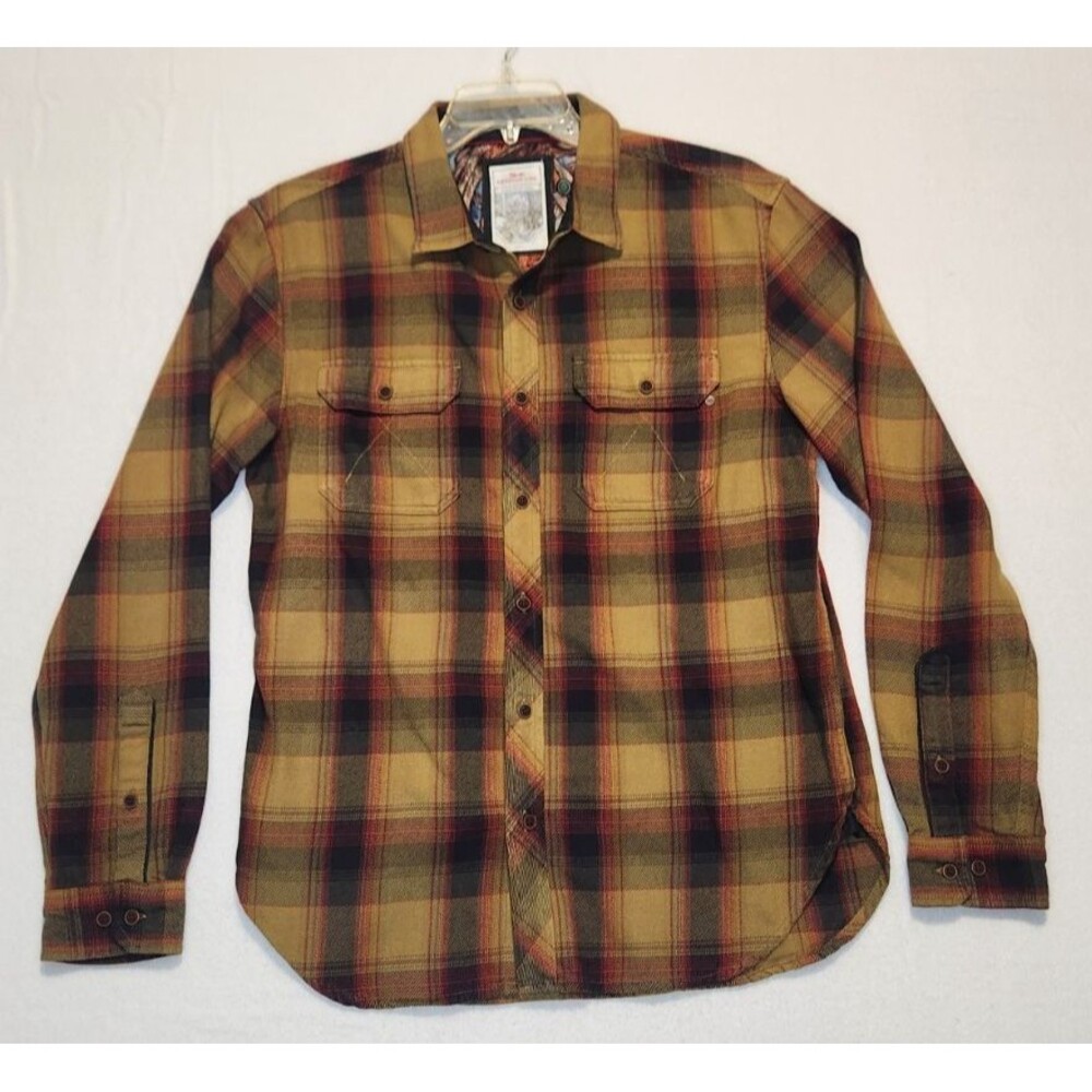 Meridian Line Plaid Organic Cotton Button Up Shirt Large Green Red Blue Classic